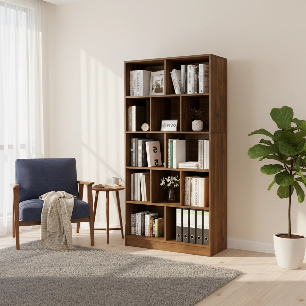 5-Tier Wooden Bookshelf with 12 Storage Compartments, Modern Freestanding Bookcase Organizer for Living Room, Bedroom, or Office – 31.5 x 9.8 x 70.5 in (80 x 25 x 179 cm)