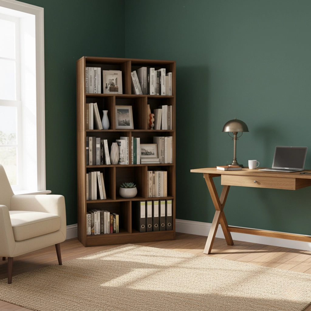 5-Tier Wooden Bookshelf with 12 Storage Compartments, Modern Freestanding Bookcase Organizer for Living Room, Bedroom, or Office – 31.5 x 9.8 x 70.5 in (80 x 25 x 179 cm)