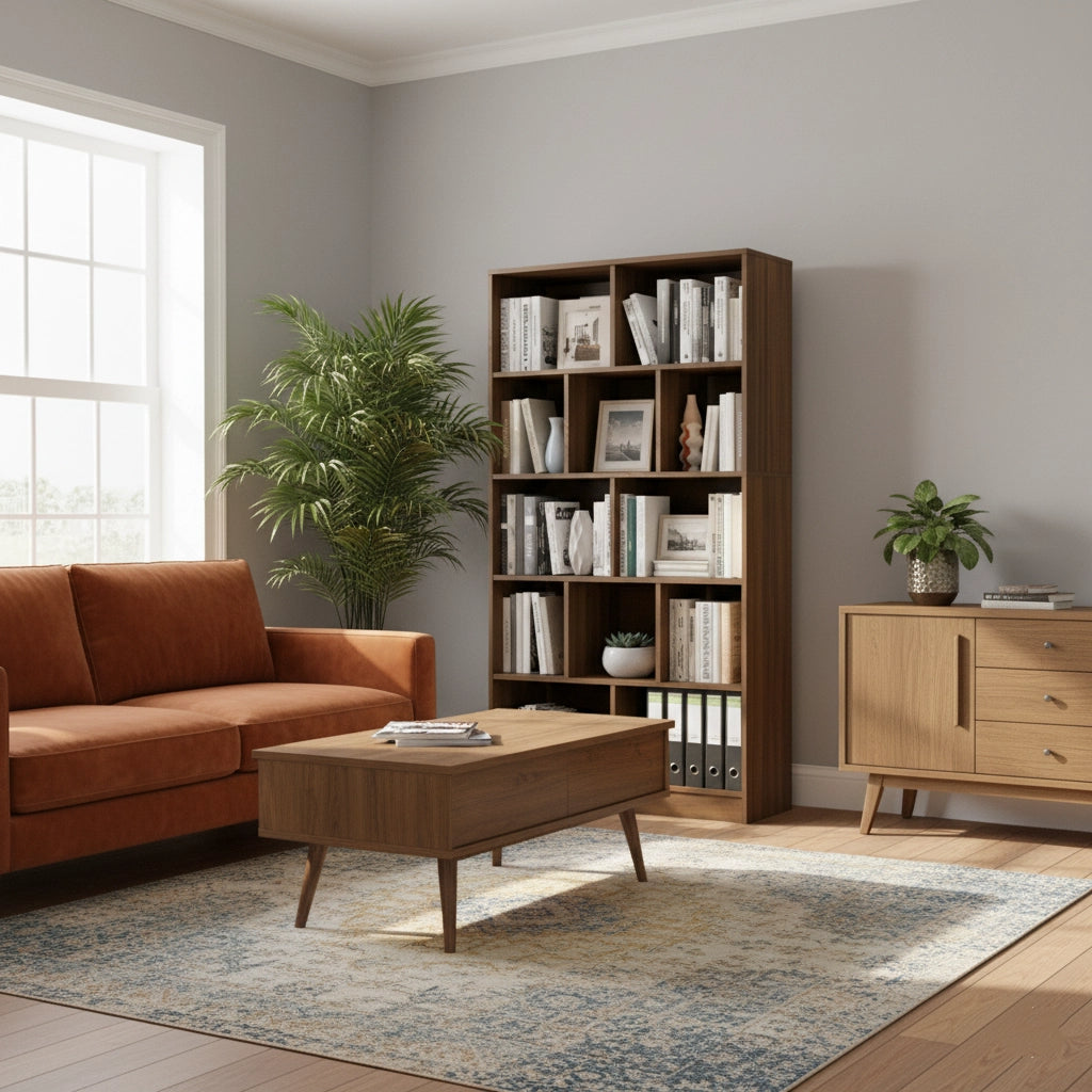 5-Tier Wooden Bookshelf with 12 Storage Compartments, Modern Freestanding Bookcase Organizer for Living Room, Bedroom, or Office – 31.5 x 9.8 x 70.5 in (80 x 25 x 179 cm)