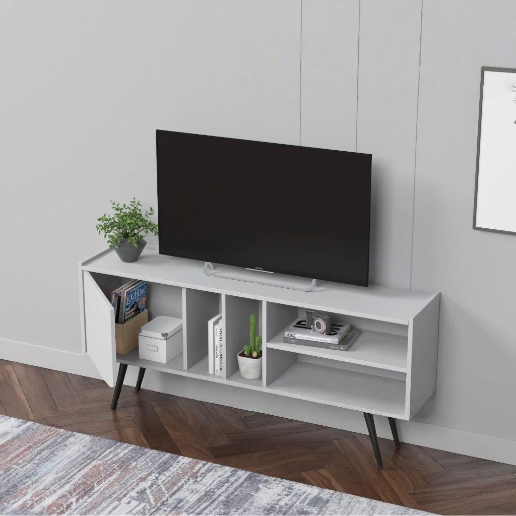 Modern Wooden TV Stand with Storage Shelves, MDF Entertainment Center for Living Room, Fits 43–65 Inch TVs, 55.1 x 11.8 x 25.6 in (140 x 30 x 65 cm)