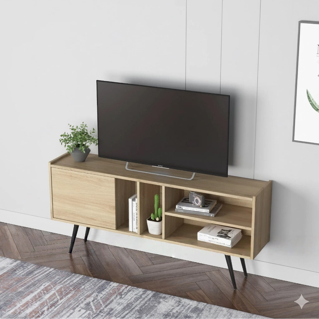 Modern Wooden TV Stand with Storage Shelves, MDF Entertainment Center for Living Room, Fits 43–65 Inch TVs, 55.1 x 11.8 x 25.6 in (140 x 30 x 65 cm)