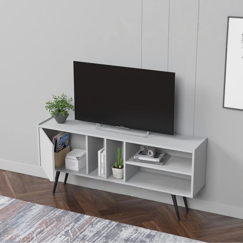 Modern Wooden TV Stand with Storage Shelves, MDF Entertainment Center for Living Room, Fits 43–65 Inch TVs, 55.1 x 11.8 x 25.6 in (140 x 30 x 65 cm)