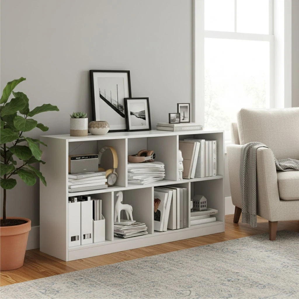 47" Horizontal Bookshelf, 2-Tier Low Profile Wood Storage Organizer, Modern Nordic Open Display Shelf Made of 12mm Premium MDF, Moisture-Proof Floor Shelving for Living Room, Office, White