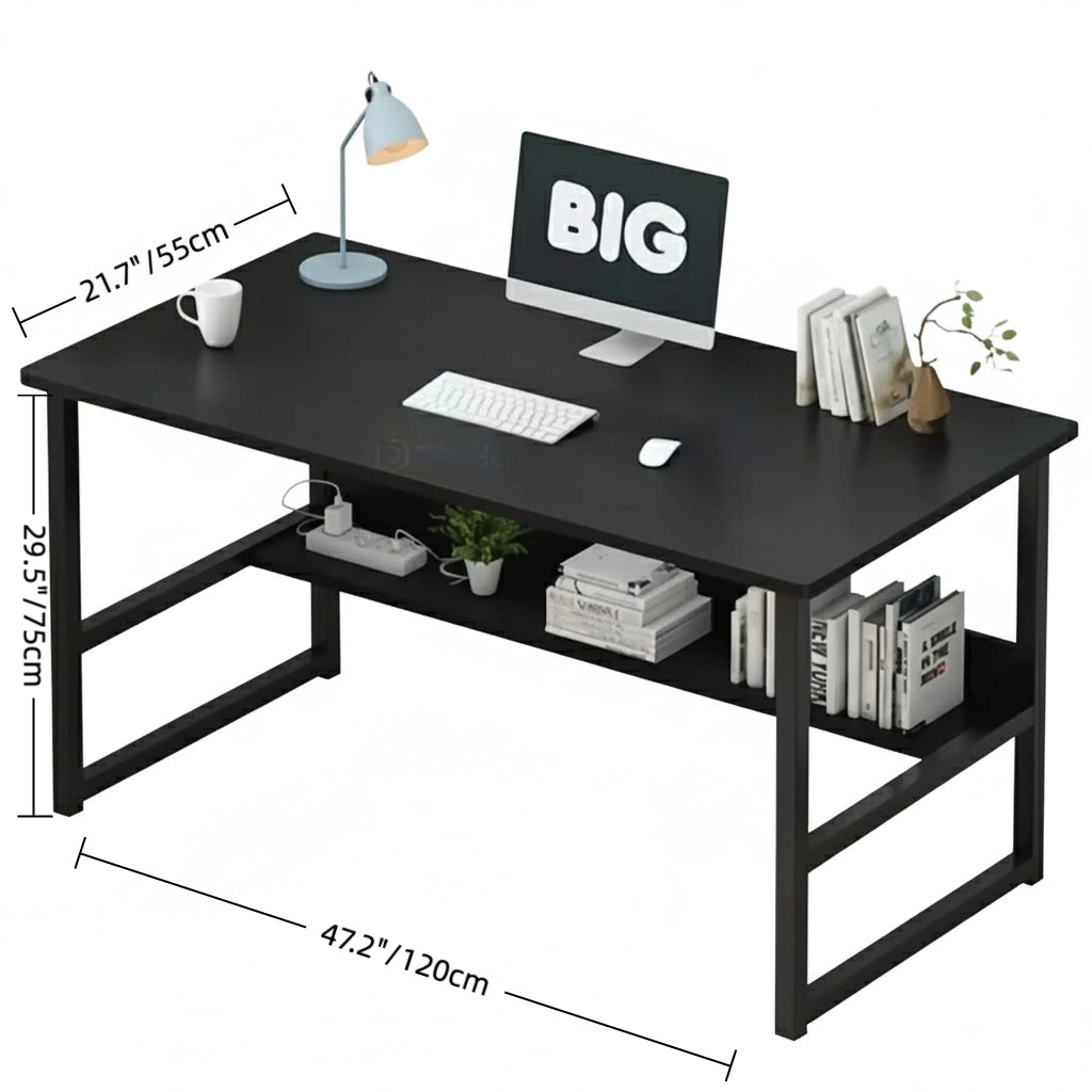 Two-Tier Study Desk with Fixed Top – Black MDF Table with Rounded Corners and Sturdy Powder-Coated Steel Frame