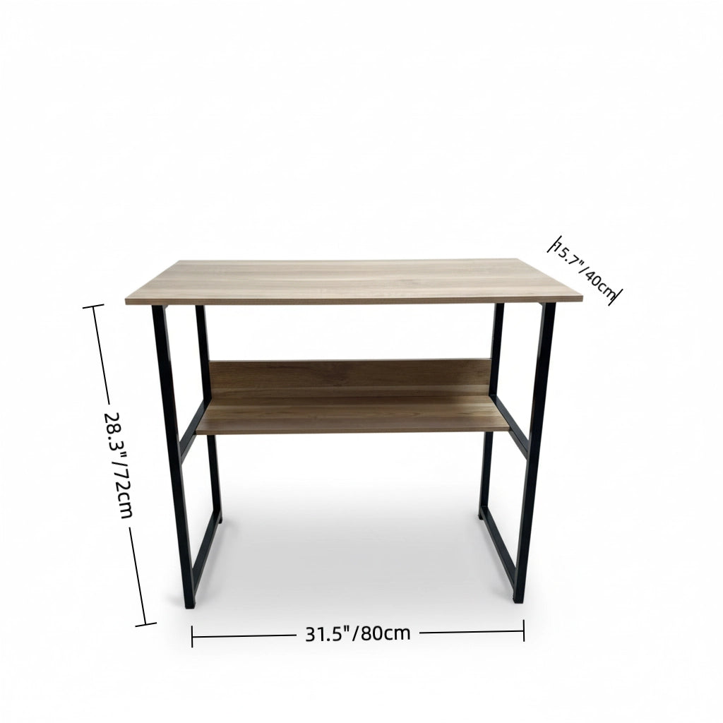Modern Wooden Study Desk with Metal Frame – Compact Computer Table with Storage Shelf for Home Office & Students
