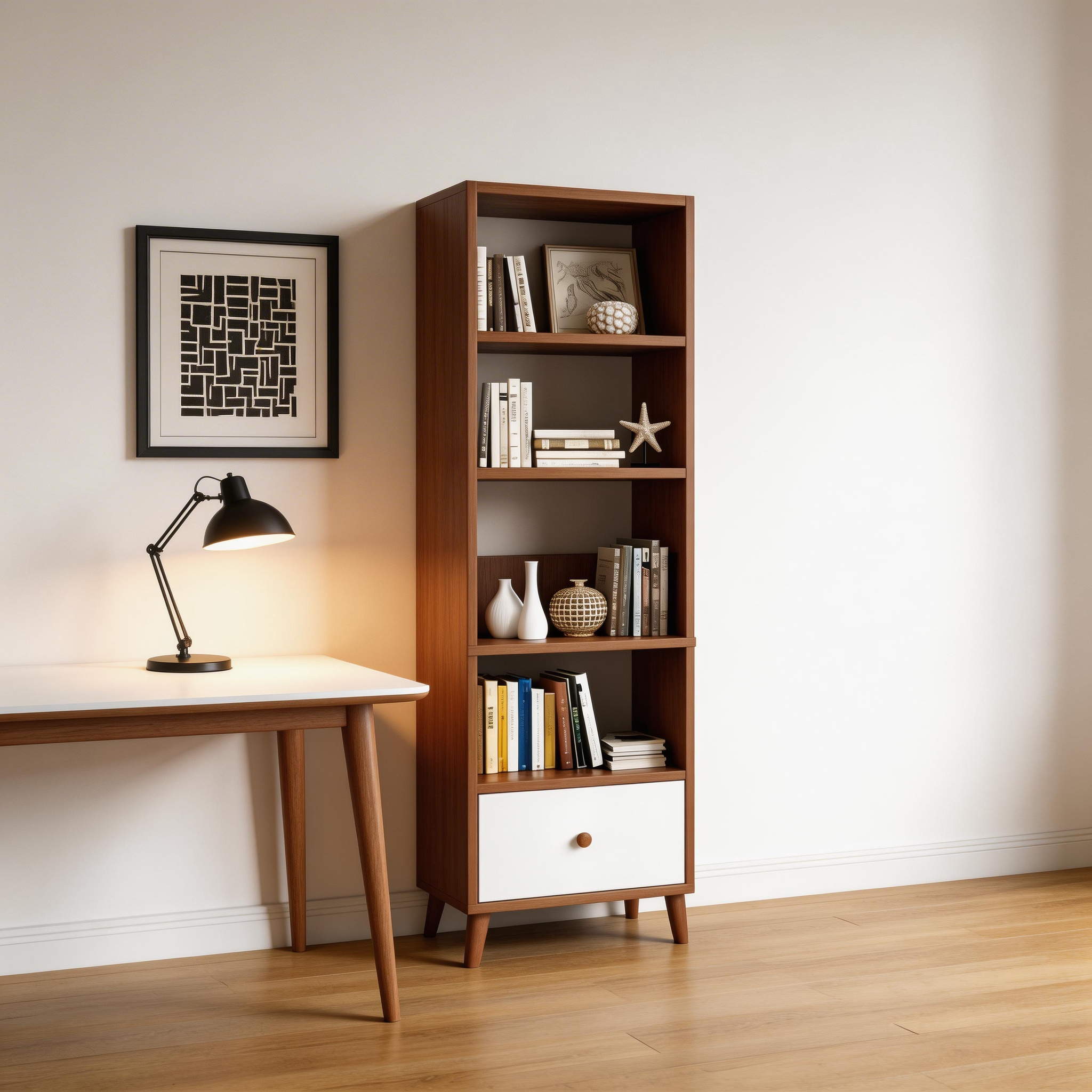 5-Tier Tall Bookshelf with Drawer, Modern Freestanding Bookcase, MDF Wood Storage Shelf with Solid Wood Legs, Scandinavian Style Book Shelf for Living Room, Bedroom, Home Office