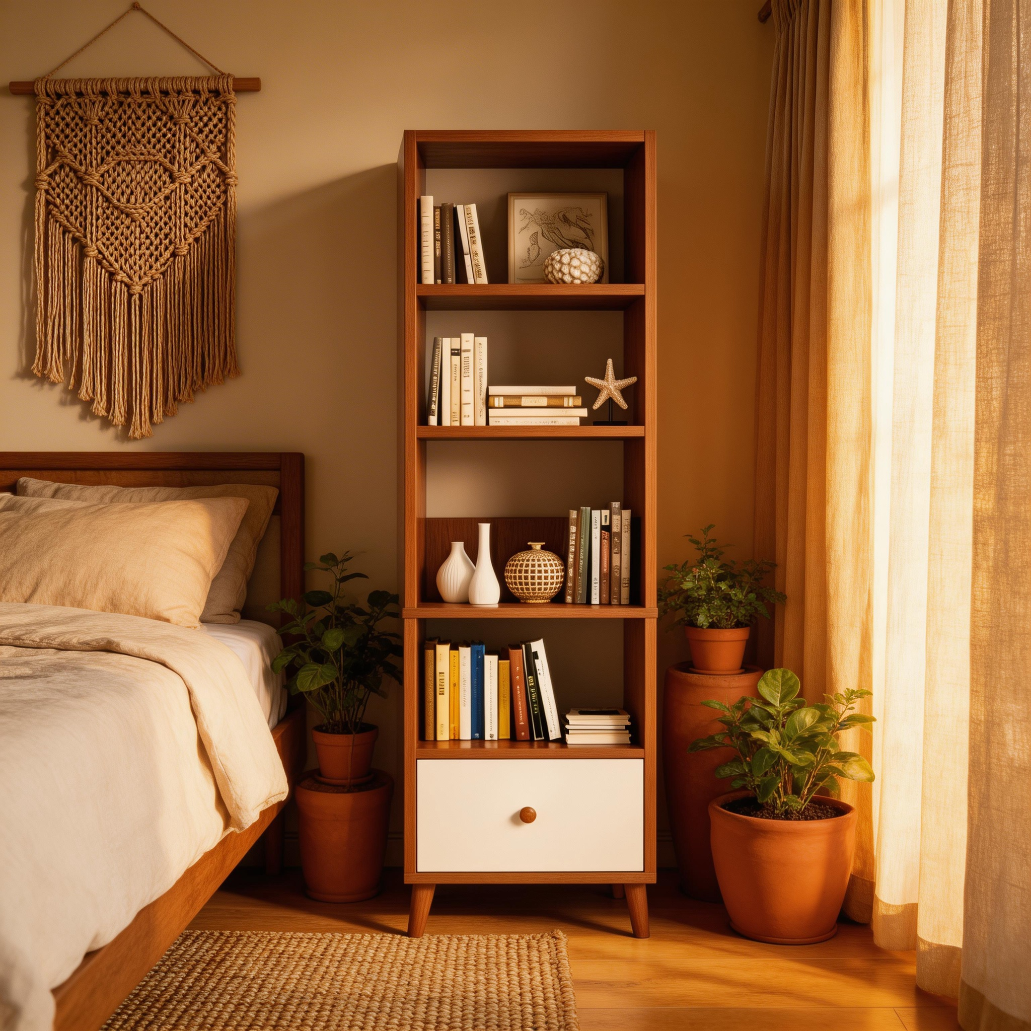 5-Tier Tall Bookshelf with Drawer, Modern Freestanding Bookcase, MDF Wood Storage Shelf with Solid Wood Legs, Scandinavian Style Book Shelf for Living Room, Bedroom, Home Office