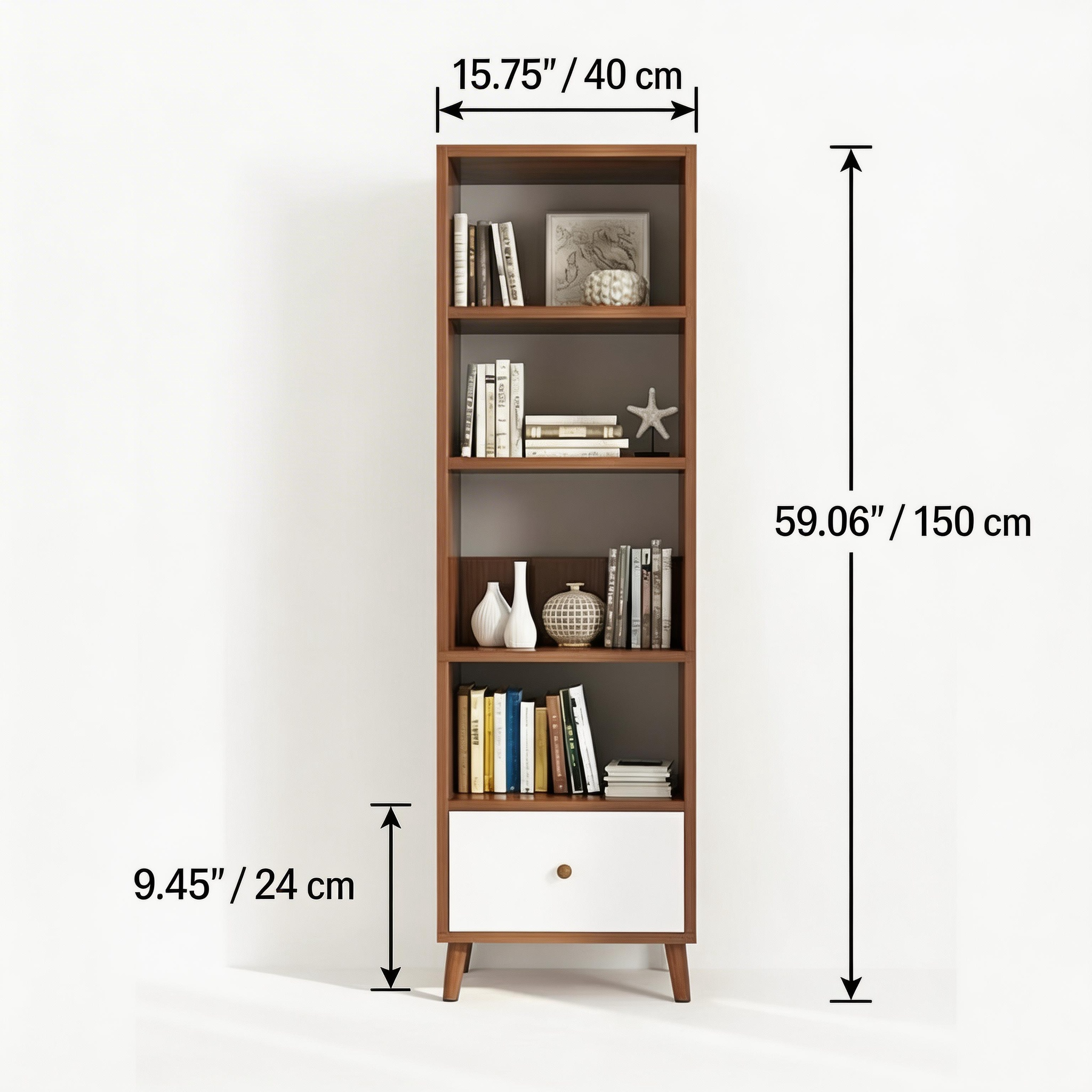 5-Tier Tall Bookshelf with Drawer, Modern Freestanding Bookcase, MDF Wood Storage Shelf with Solid Wood Legs, Scandinavian Style Book Shelf for Living Room, Bedroom, Home Office