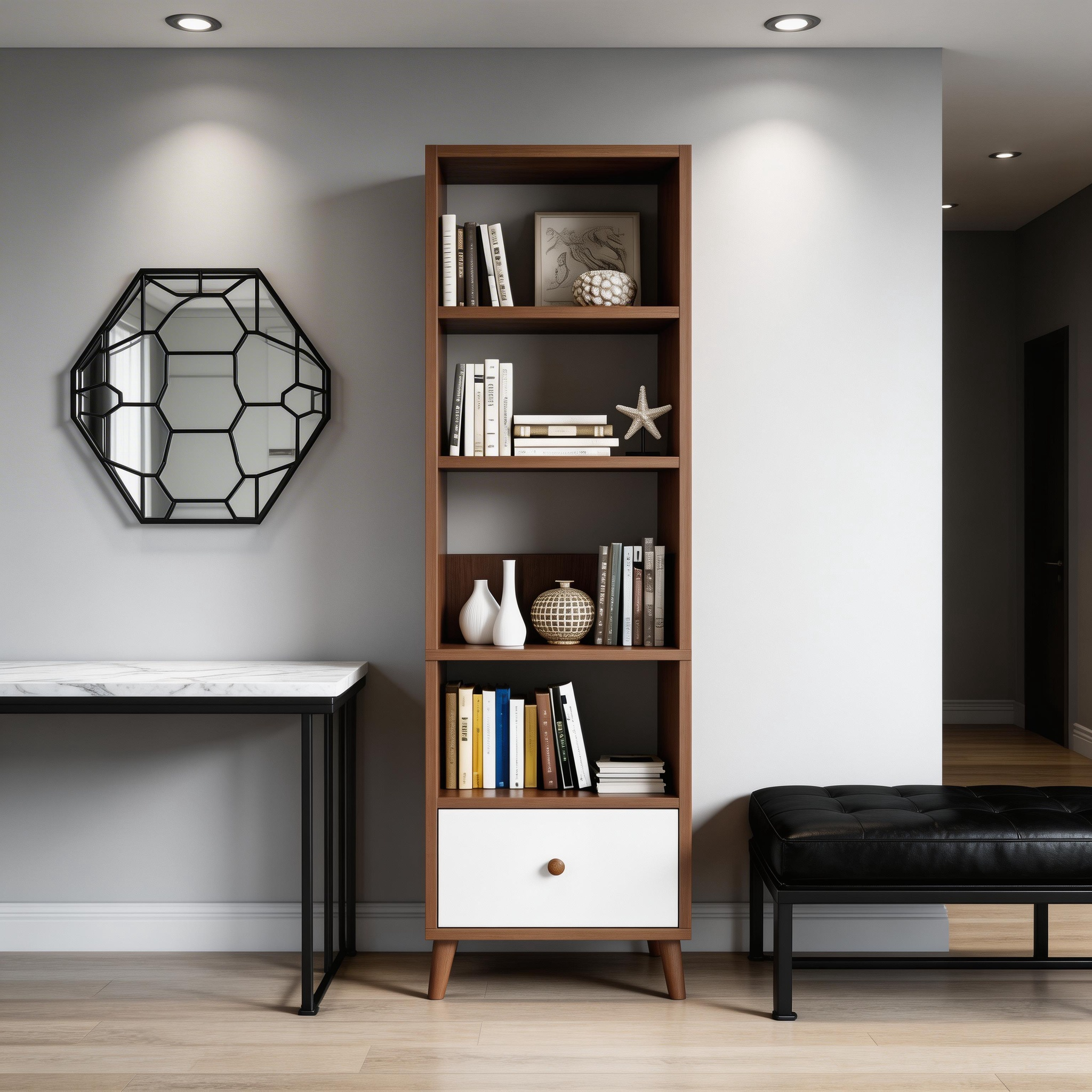 5-Tier Tall Bookshelf with Drawer, Modern Freestanding Bookcase, MDF Wood Storage Shelf with Solid Wood Legs, Scandinavian Style Book Shelf for Living Room, Bedroom, Home Office