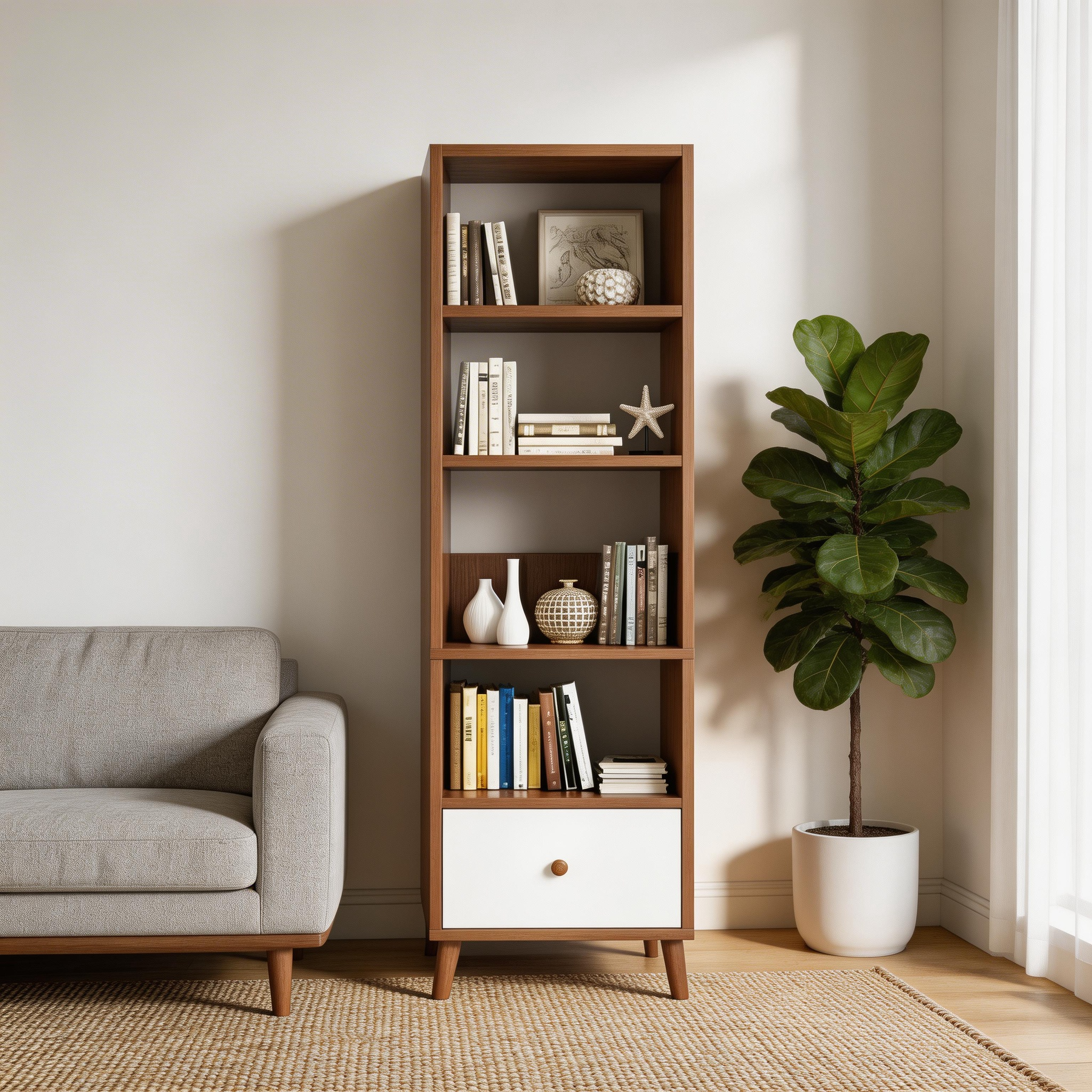 5-Tier Tall Bookshelf with Drawer, Modern Freestanding Bookcase, MDF Wood Storage Shelf with Solid Wood Legs, Scandinavian Style Book Shelf for Living Room, Bedroom, Home Office