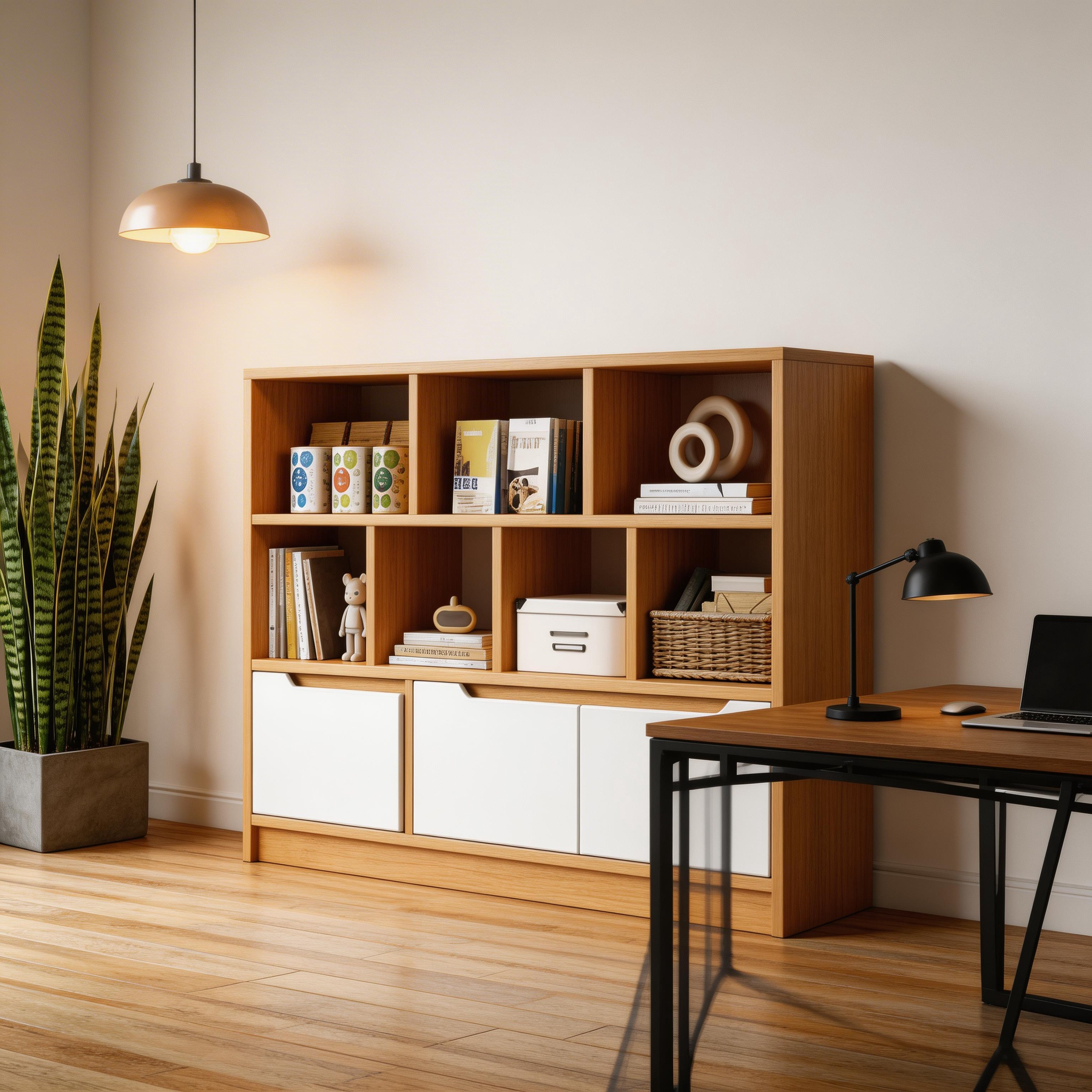 Modern Bookshelf with Storage, Nordic Style Wood Display Cabinet for Living Room, Multipurpose Floor Standing Organizer for Home Office, Sturdy & Easy Assembly, Natural Wood Finish