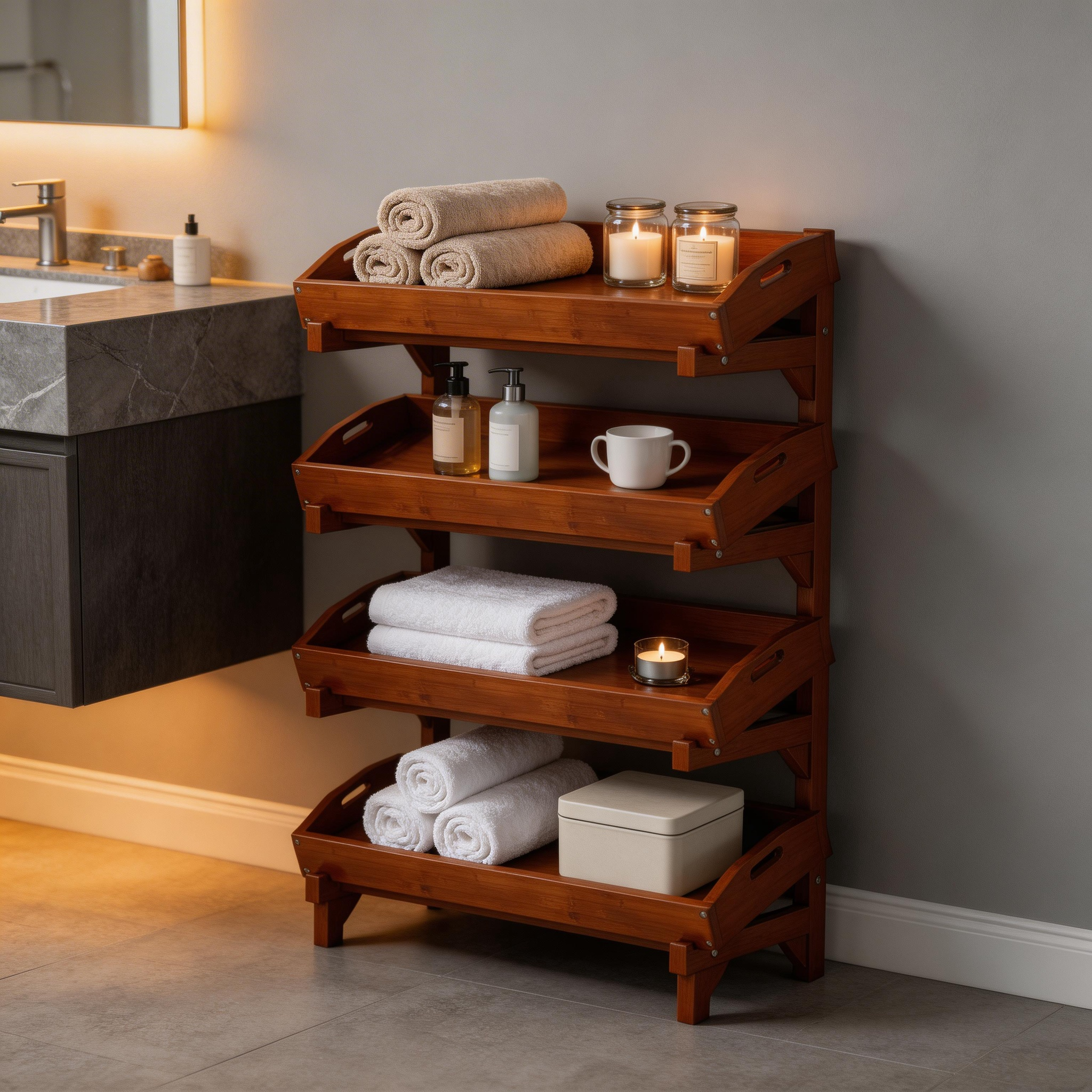 4-Tier Storage Rack, Multi-Functional Kitchen Baker’s Rack, Eco-friendly Wood Shelf Organizer for Pantry & Bathroom, Standing Shelving Unit for Small Spaces, Natural Finish