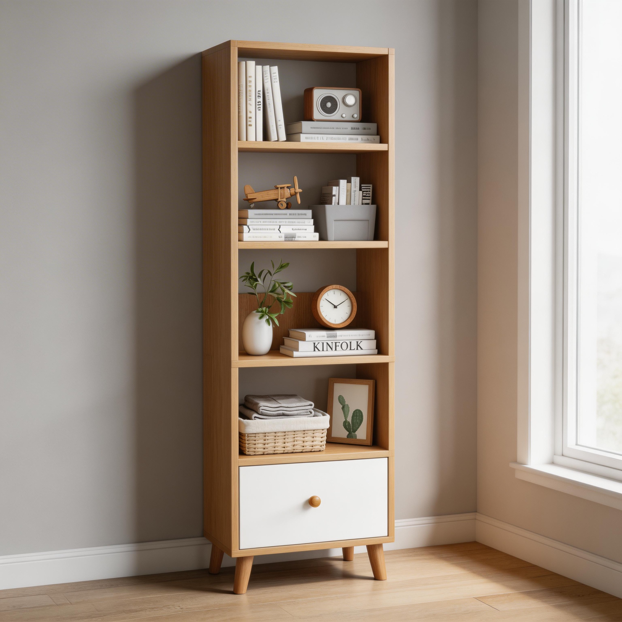 Modern Bookshelf with Elevated Legs, Multi-Tier Wood Display Shelf for Living Room, Premium Melamine Finished MDF Storage Organizer, Nordic Style Bookcase for Home Office