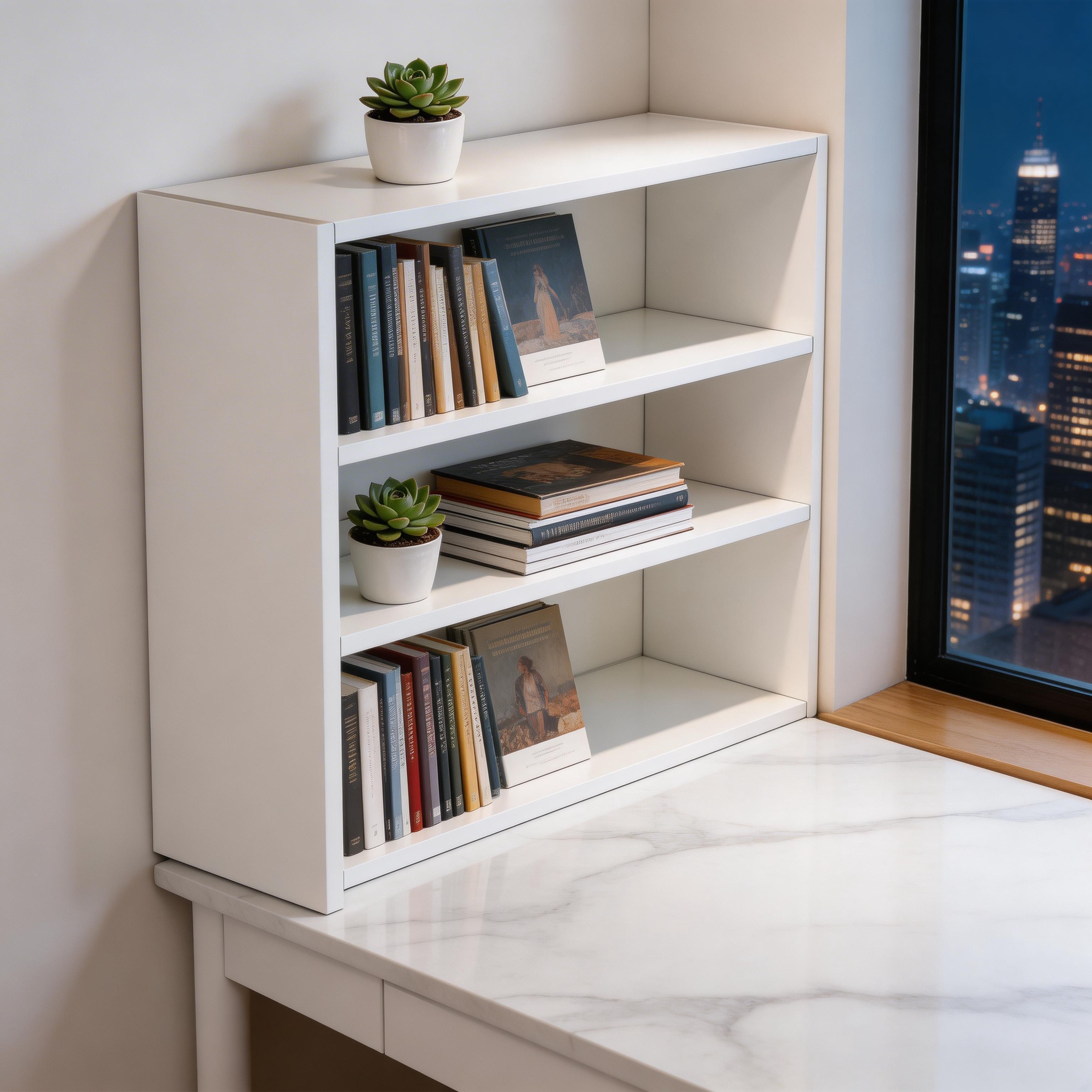 Space-Saving Desktop Organizer Shelf, Minimalist Tabletop Bookshelf for Home Office, Durable 0.67" Thick Wood Storage Rack for Desk, Adjustable Desk Hutch for Dorm & Students, Modern White