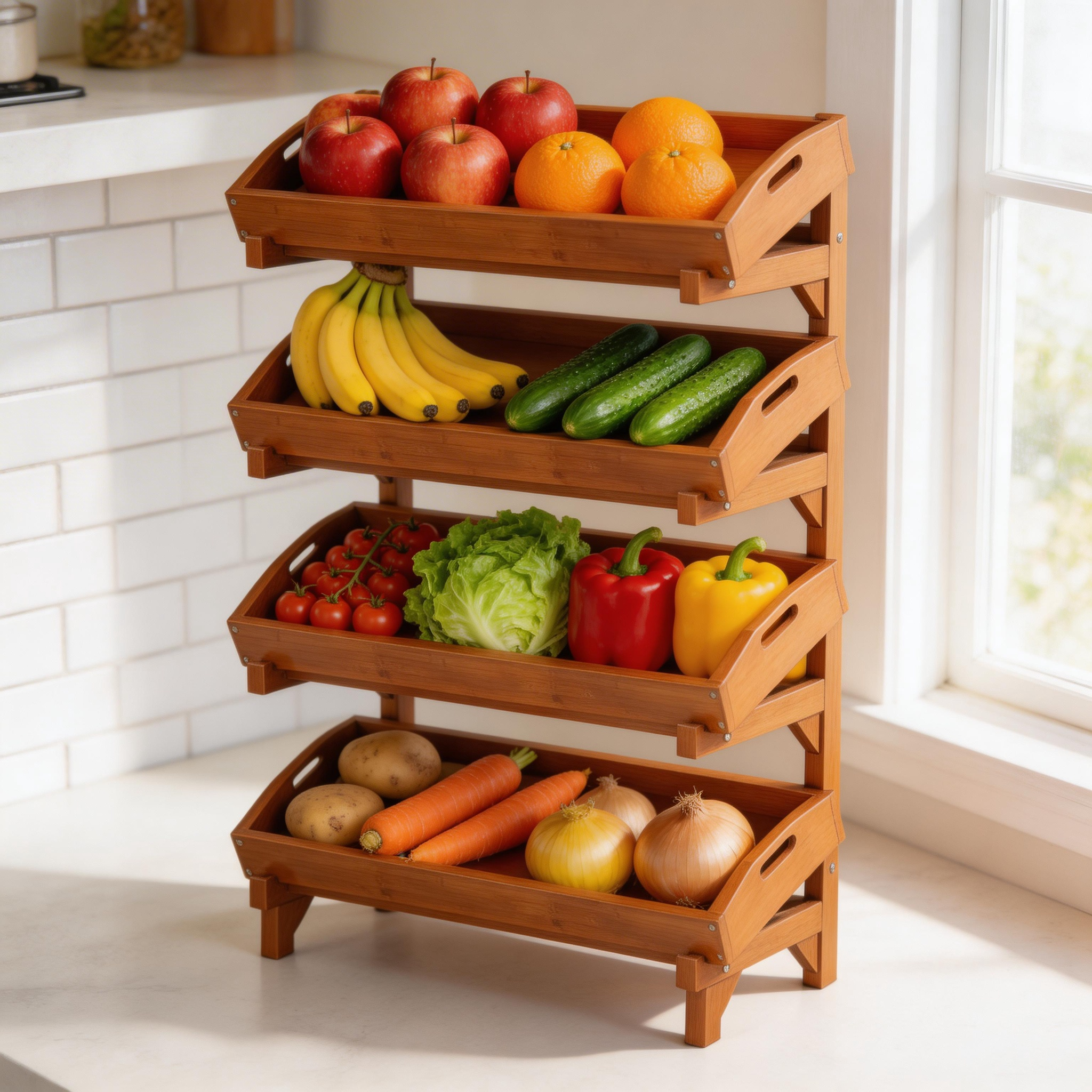 4-Tier Storage Rack, Multi-Functional Kitchen Baker’s Rack, Eco-friendly Wood Shelf Organizer for Pantry & Bathroom, Standing Shelving Unit for Small Spaces, Natural Finish