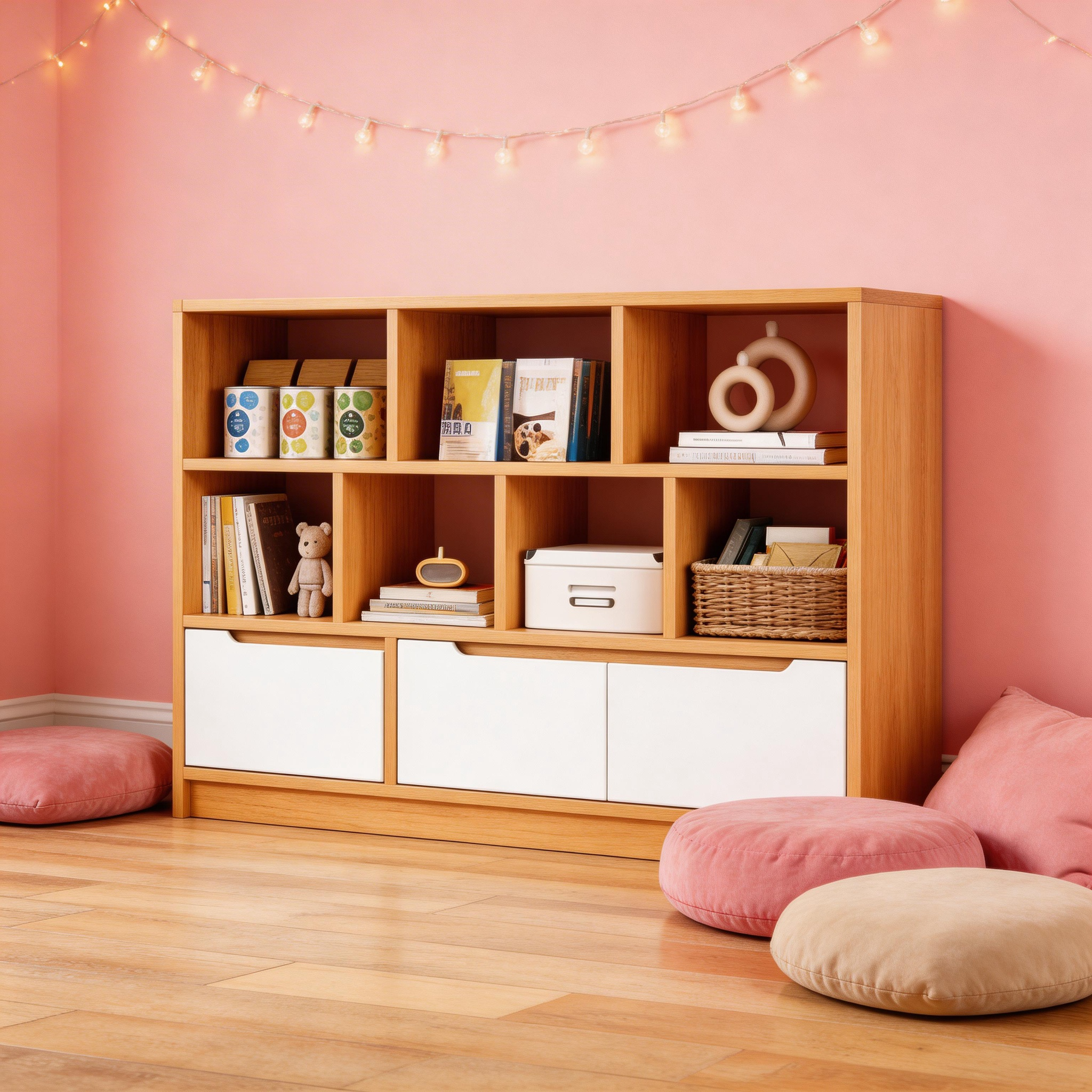 Modern Bookshelf with Storage, Nordic Style Wood Display Cabinet for Living Room, Multipurpose Floor Standing Organizer for Home Office, Sturdy & Easy Assembly, Natural Wood Finish