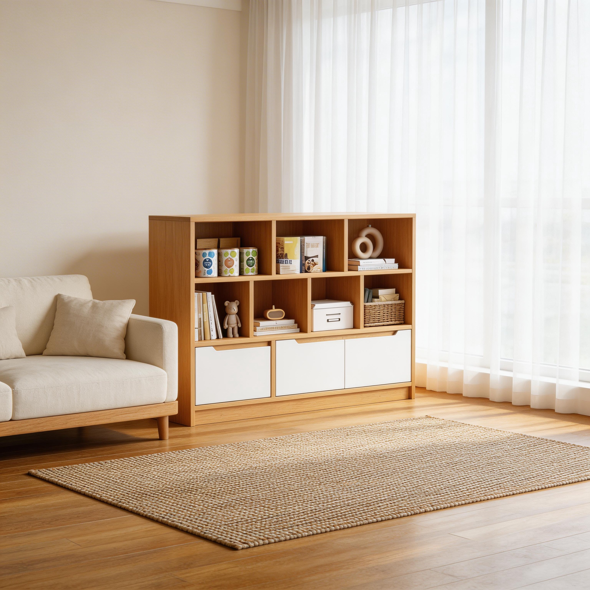 Modern Bookshelf with Storage, Nordic Style Wood Display Cabinet for Living Room, Multipurpose Floor Standing Organizer for Home Office, Sturdy & Easy Assembly, Natural Wood Finish