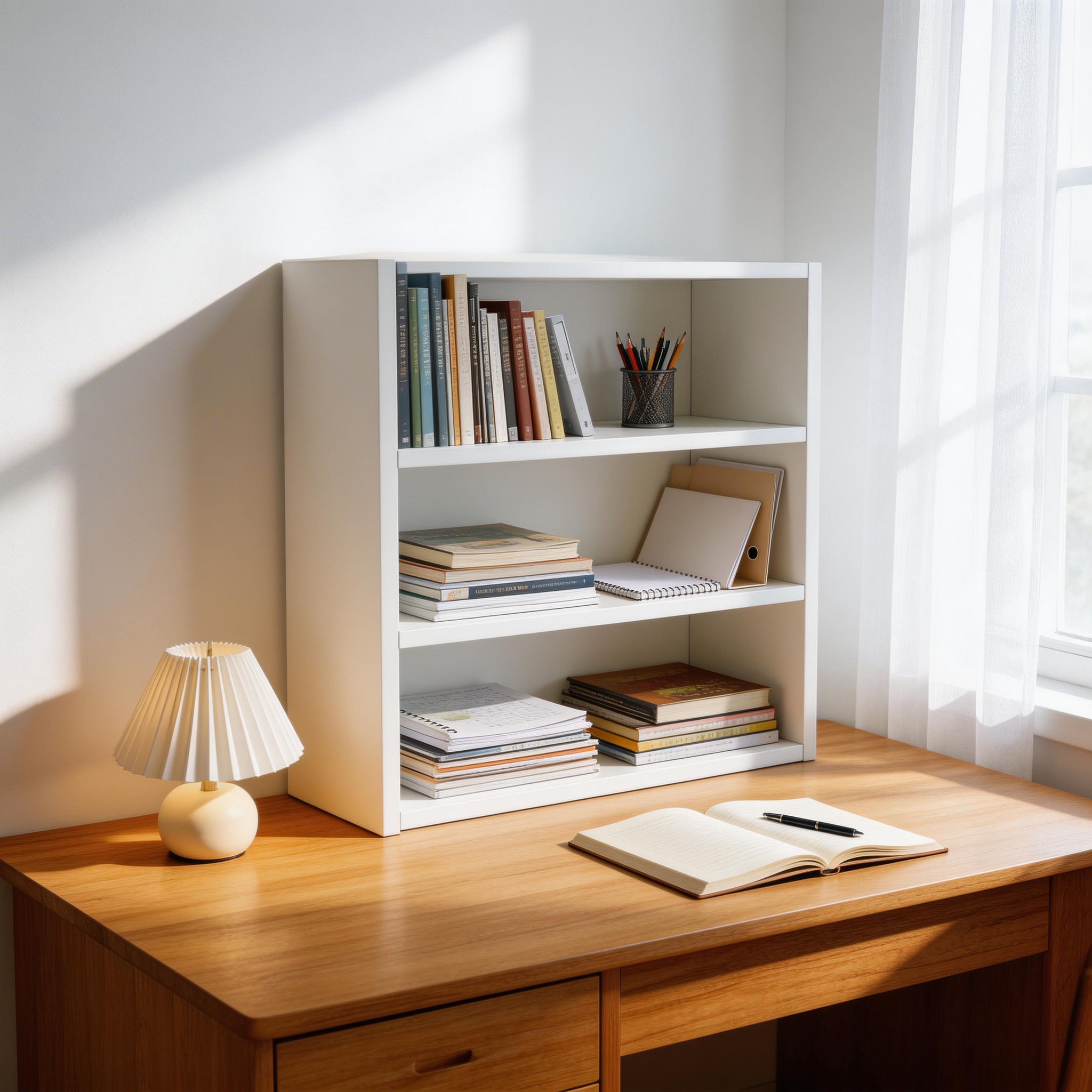 Space-Saving Desktop Organizer Shelf, Minimalist Tabletop Bookshelf for Home Office, Durable 0.67" Thick Wood Storage Rack for Desk, Adjustable Desk Hutch for Dorm & Students, Modern White