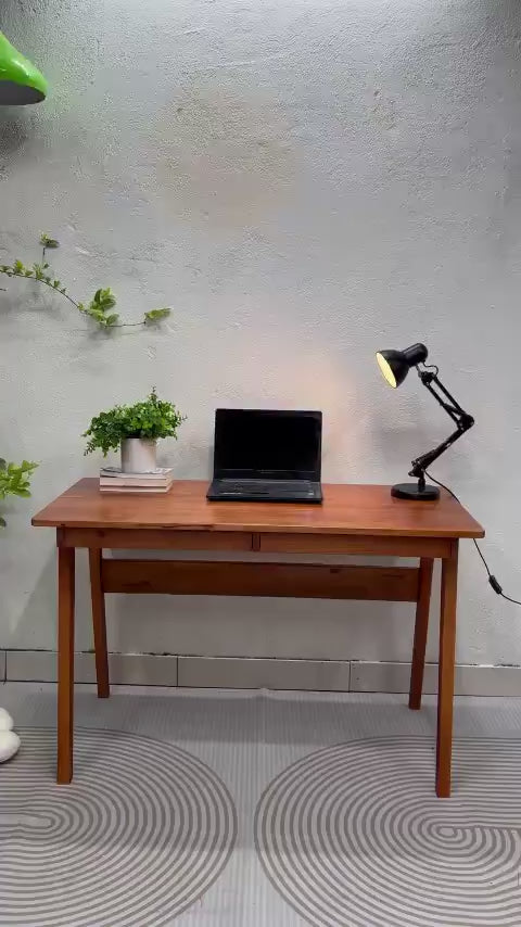Solid Wood Desk with 2 Drawers, Rubber Wood Tabletop and Pine Legs, Simple Nordic Style Office or Study Table