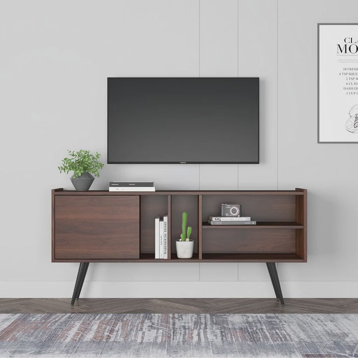 Modern Wooden TV Stand with Storage Shelves, MDF Entertainment Center for Living Room, Fits 43–65 Inch TVs, 55.1 x 11.8 x 25.6 in (140 x 30 x 65 cm)