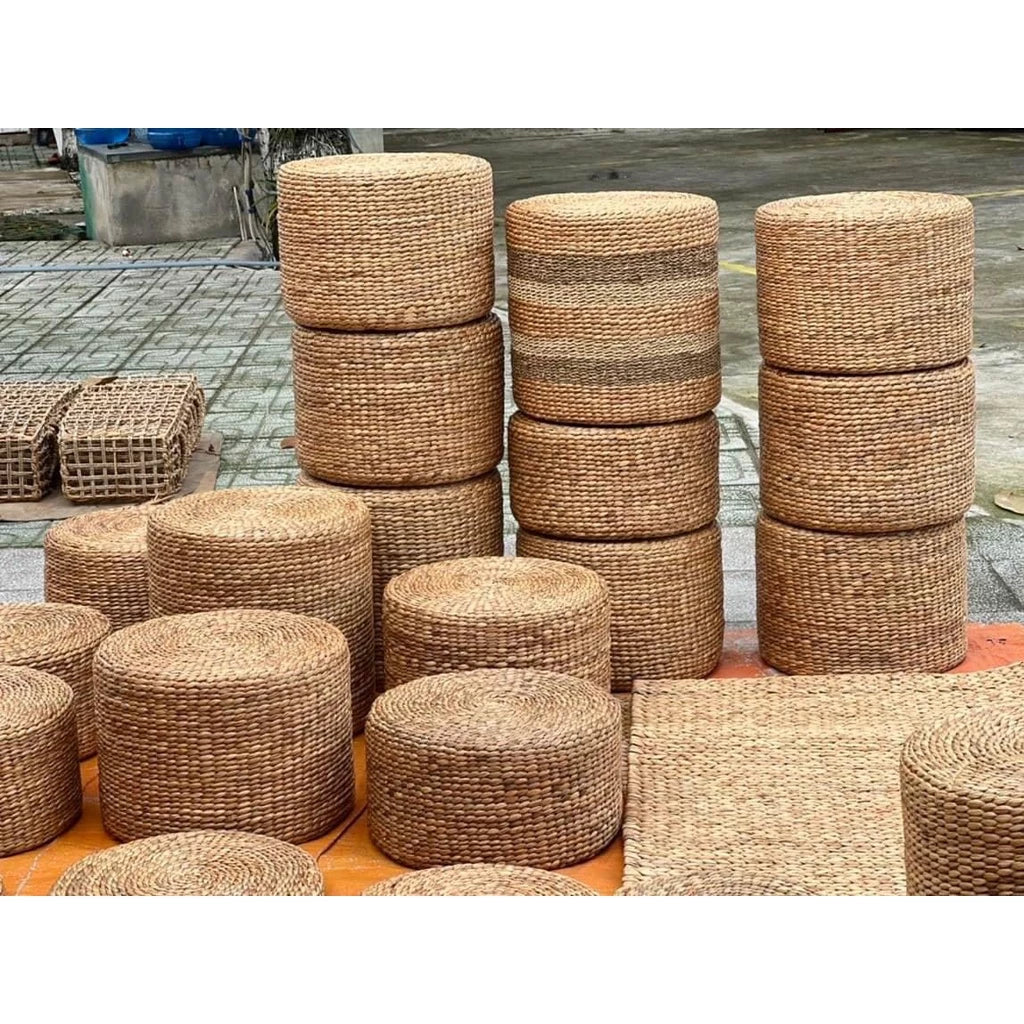 15.75" Water Hyacinth Woven Natural Ottoman Cushioned Sitting or Foot Stool