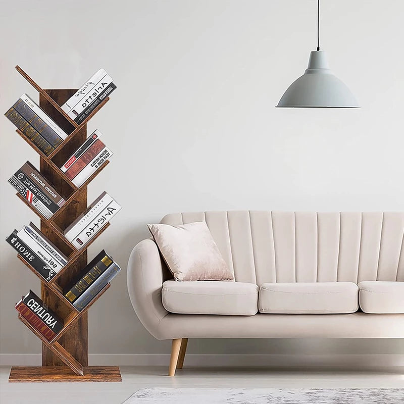 Modern Wooden Tree Bookshelf 9-Tier Floor Standing Bookcase Organizer, Space-Saving Vertical Storage Rack for Books, Magazines, and Decor – 19 x 7.9 x 48 in (48 x 20 x 122 cm)