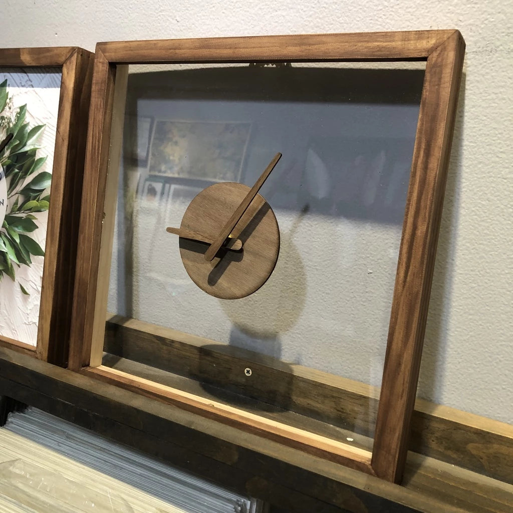 Minimalist Clear Face Rustic Wall Clock 13" x 13" - Vintage Style Wood Frame with Perspex Clear Face