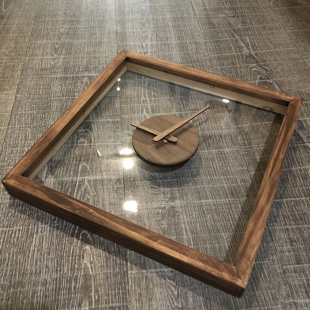 Minimalist Clear Face Rustic Wall Clock 13" x 13" - Vintage Style Wood Frame with Perspex Clear Face