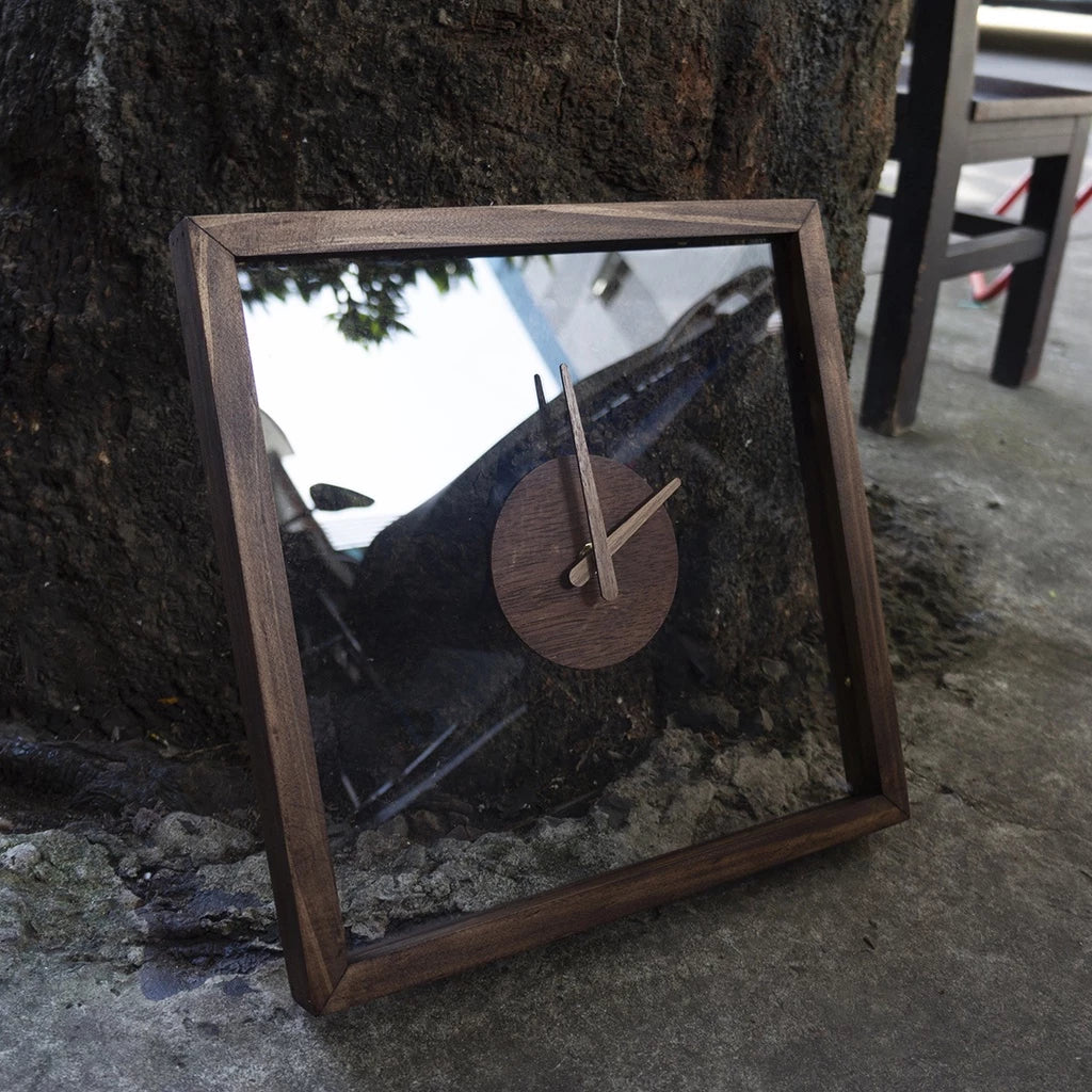 Minimalist Clear Face Rustic Wall Clock 13" x 13" - Vintage Style Wood Frame with Perspex Clear Face