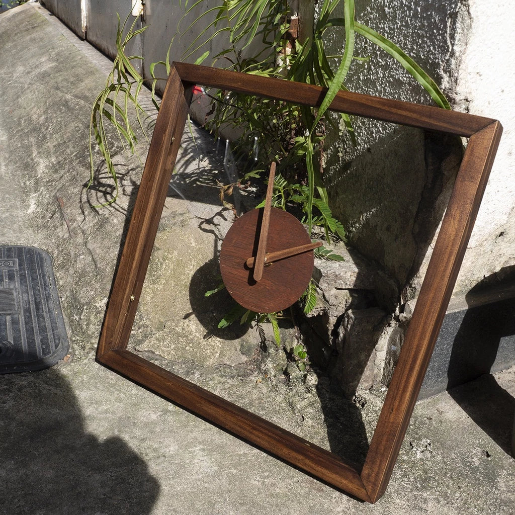 Minimalist Clear Face Rustic Wall Clock 13" x 13" - Vintage Style Wood Frame with Perspex Clear Face