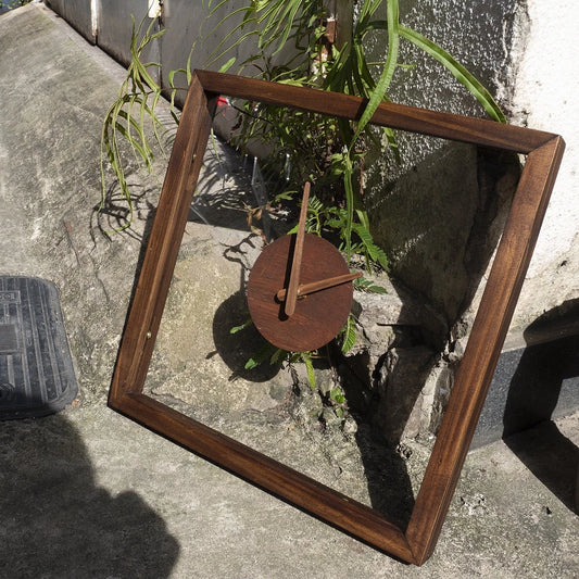 Minimalist Clear Face Rustic Wall Clock 13" x 13" - Vintage Style Wood Frame with Perspex Clear Face