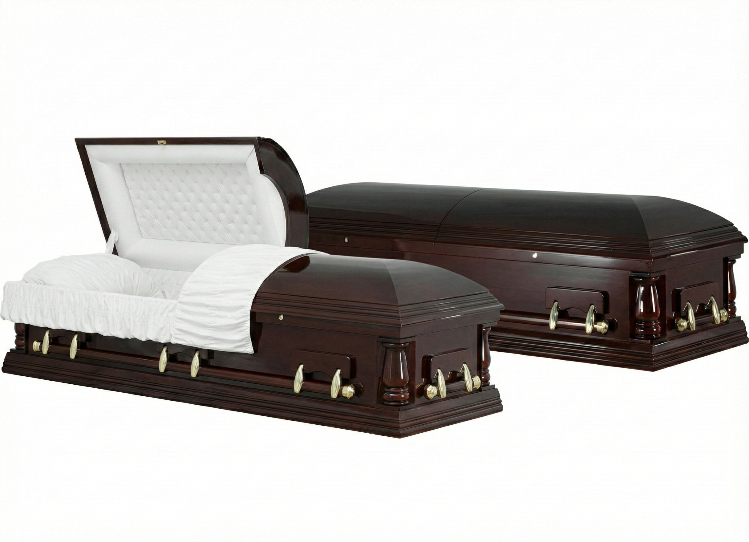2 x Burial Caskets Solid Rosewood Hand Finished with Mahogany Glaze - Adult Size including Cushion and White Fabric Interior