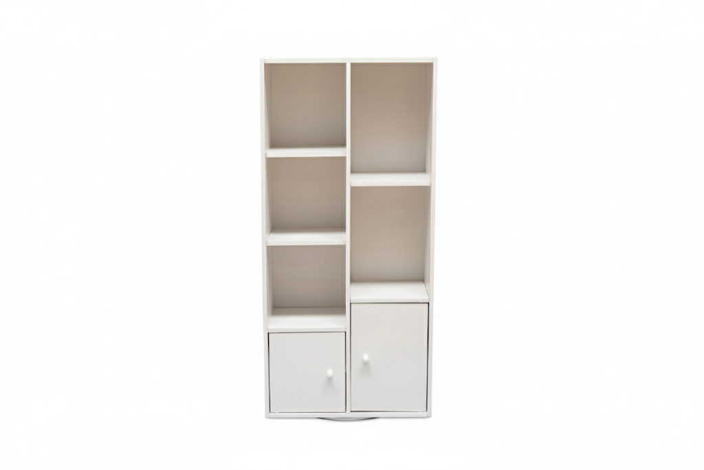 Modern Wooden Storage Cabinet with Doors – 6-Tier White Bookshelf & Organizer for Living Room or Office, 19.5 x 9.3 x 41.7 in (496 x 236 x 1060 mm)