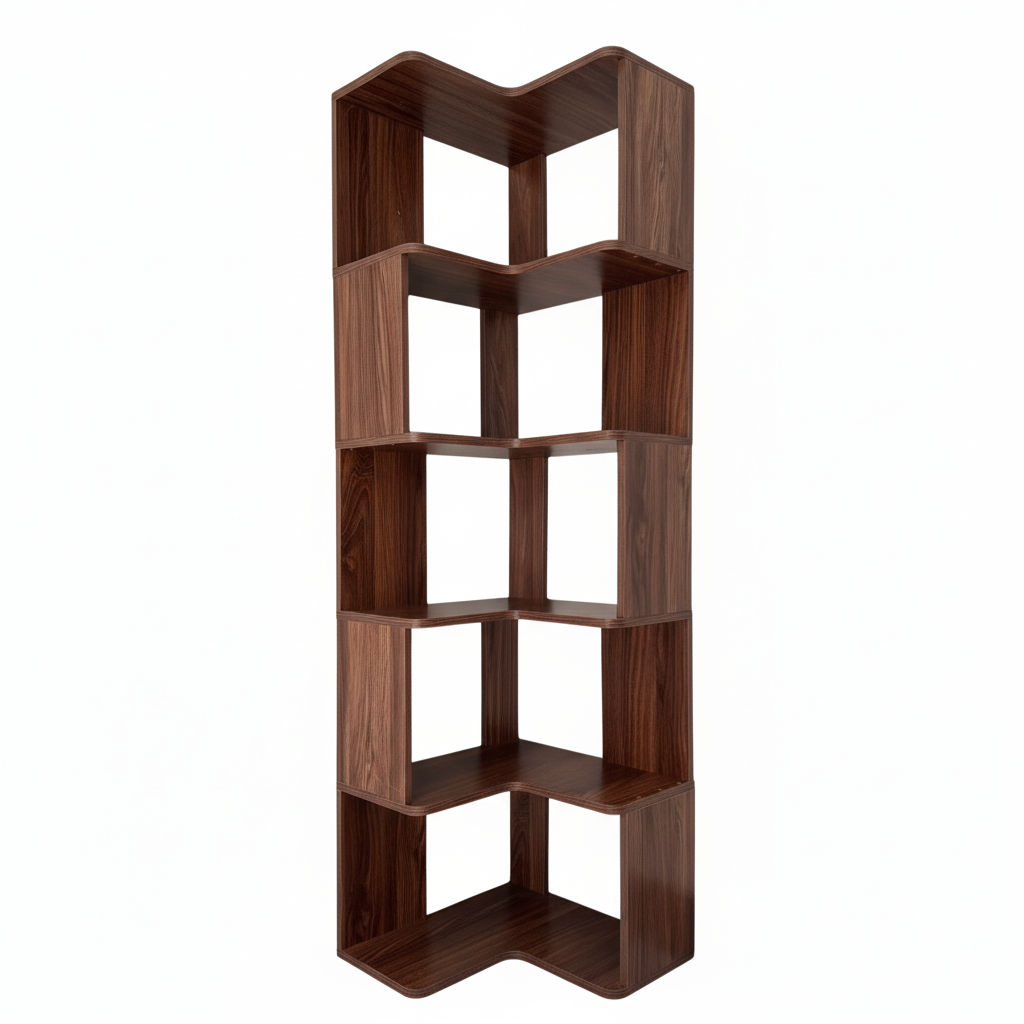 Wooden corner shelf with geometric design on a white background