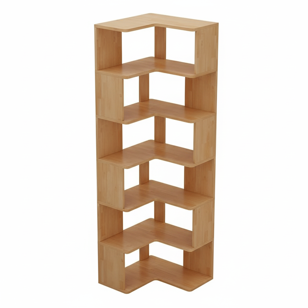 90-Degree Corner Wooden Bookshelf – 5-Tier Walnut Veneer Standing Storage Rack for Living Room or Office, 11 x 11 x 47.2 in (280 x 280 x 1200 mm)