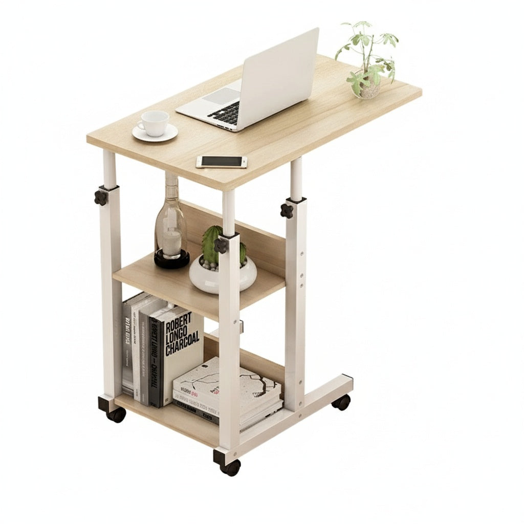 60 units Adjustable Mobile Laptop Desk with Bookshelf Storage, 3-Tier Rolling Study Table, Height Adjustable 26.8–33.5 in (68–85 cm), Compact Bedside Workstation for Bedroom, Living Room, Dorm, and Home Office