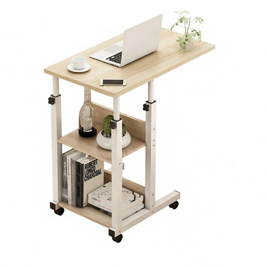 Adjustable Mobile Laptop Desk with Bookshelf Storage, 3-Tier Rolling Study Table, Height Adjustable 26.8–33.5 in (68–85 cm), Compact Bedside Workstation for Bedroom, Living Room, Dorm, and Home Office