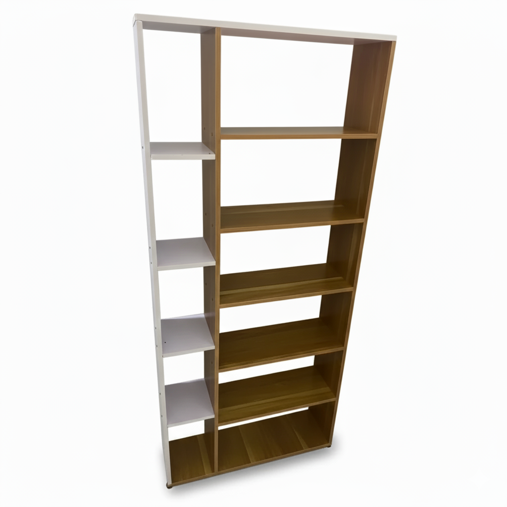 Tall bookshelf with alternating white and brown shelves on a white background