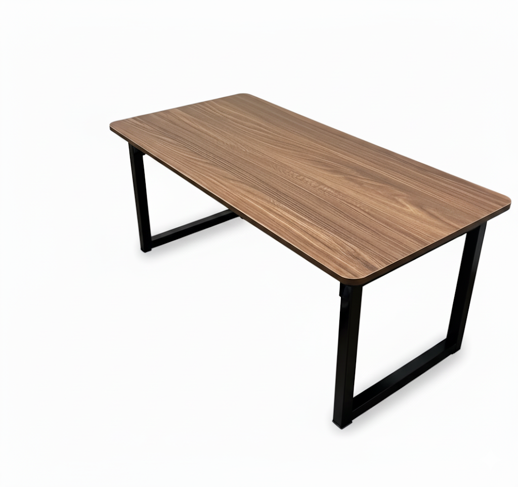 Wooden table with black metal legs on a white background