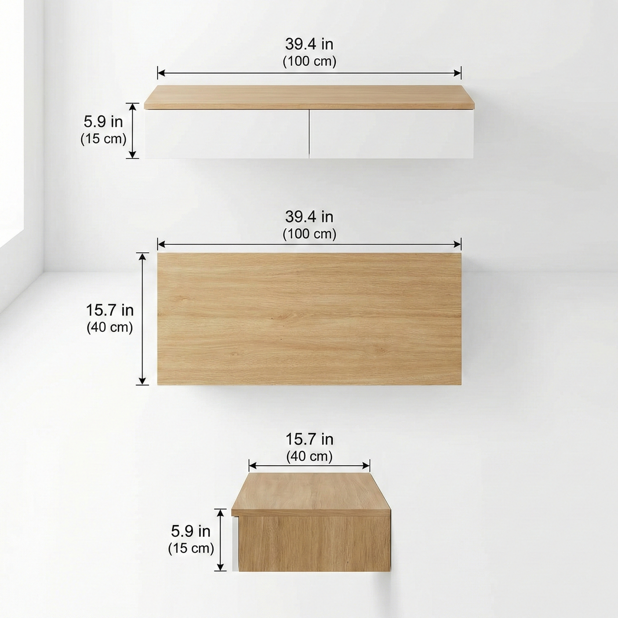Wall Mounted Floating Vanity Desk with 2 Storage Drawers Modern MDF Makeup Table – 39.4 x 15.7 x 5.9 in (100 x 40 x 15 cm), Space-Saving Dressing Table for Bedroom or Small Spaces