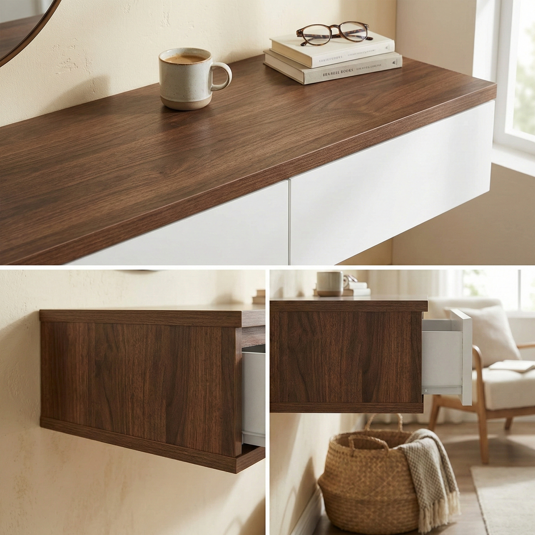 Wall Mounted Floating Vanity Desk with 2 Storage Drawers Modern MDF Makeup Table – 39.4 x 15.7 x 5.9 in (100 x 40 x 15 cm), Space-Saving Dressing Table for Bedroom or Small Spaces