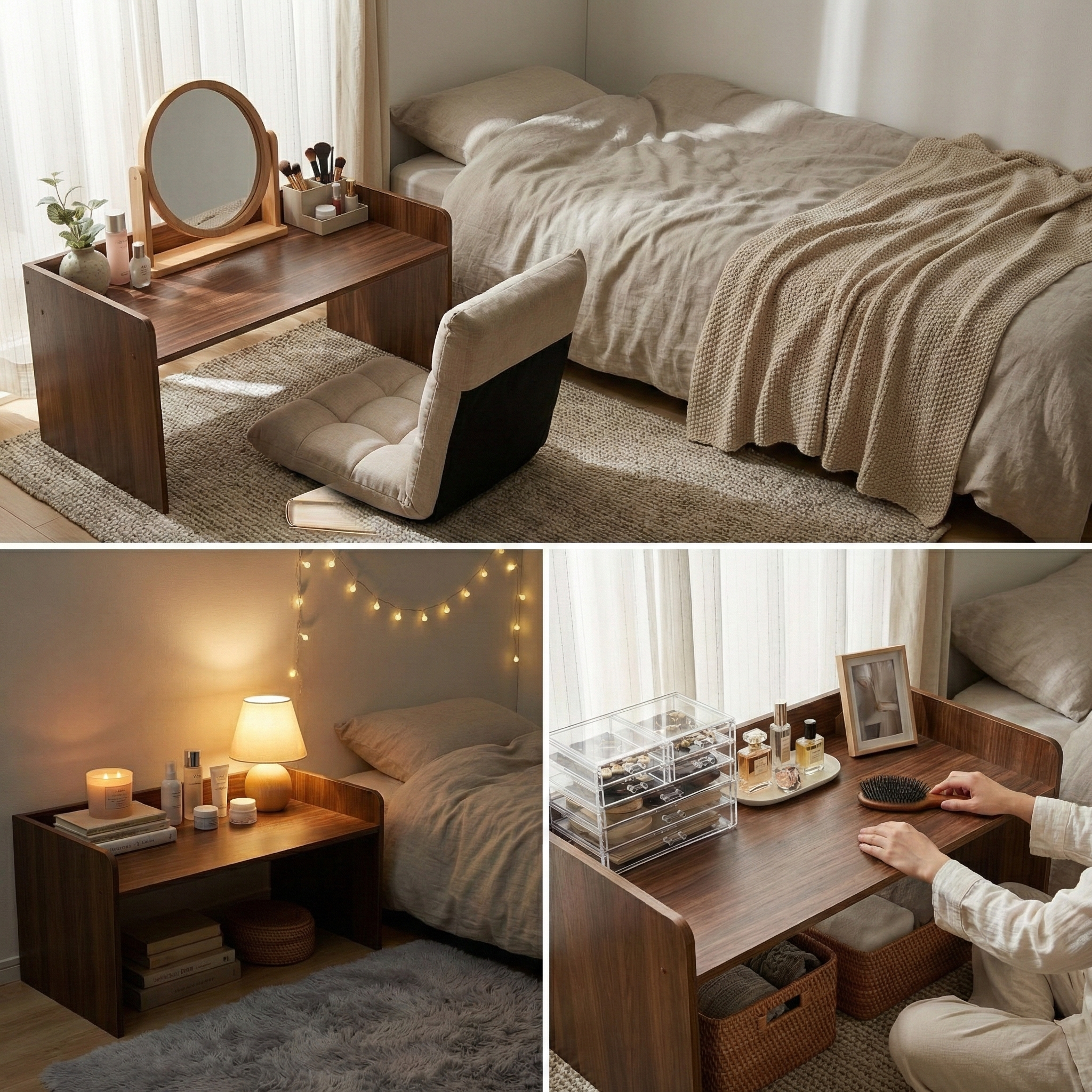 Minimalist Floor Vanity Table – Low Wooden Desk without Drawers, Space-Saving Makeup & Study Table for Bedroom