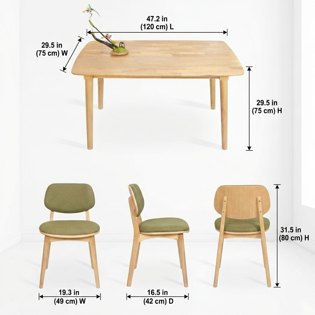 Kikbo Mango Dining Table and 4 Modern Chairs Dining Set – Solid Natural Wood Kitchen & Dining Set with Upholstered Seats, Durable PU Finish, Modern Dining Room Furniture