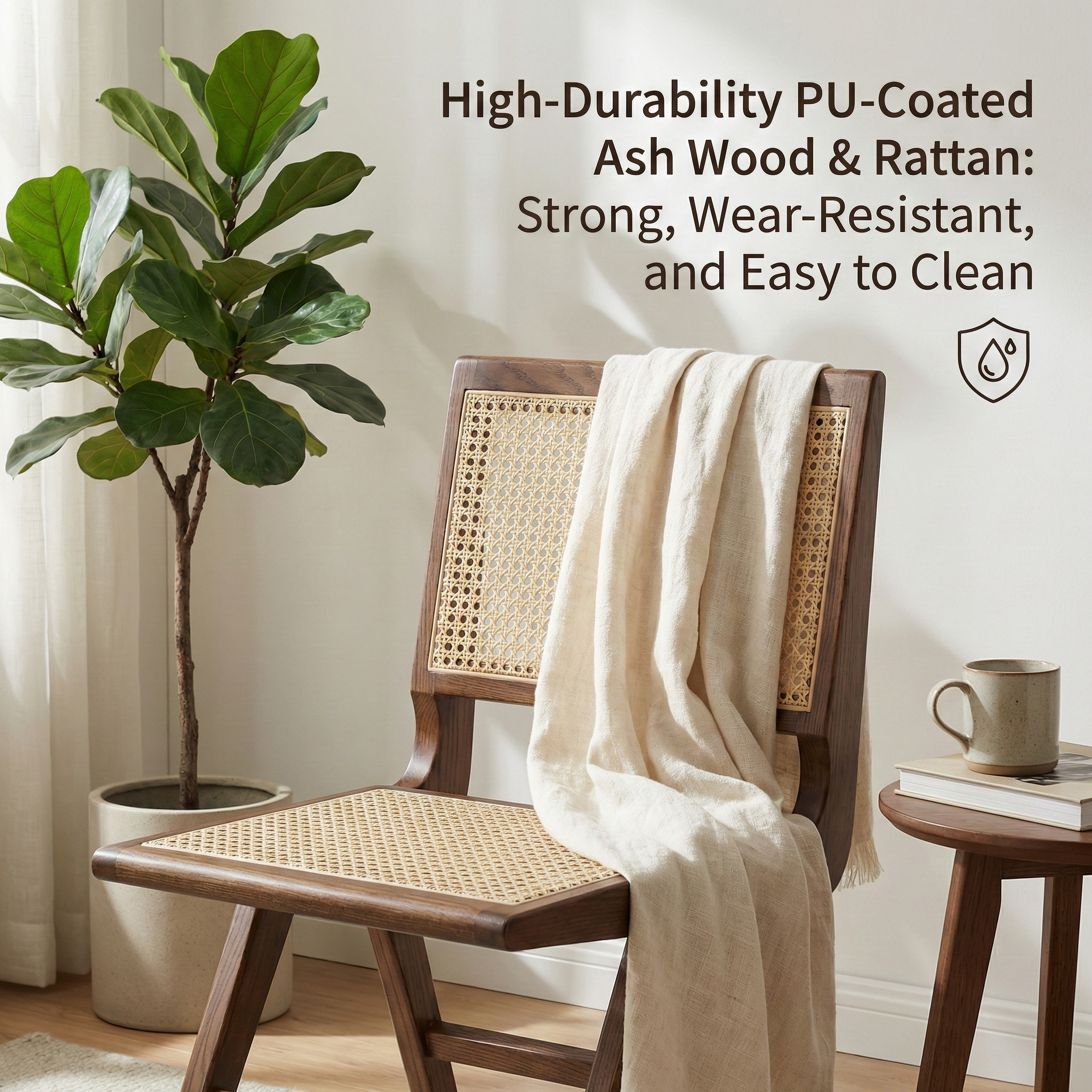 Set of 2 Modern Solid Ash Wood Dining Chair with Synthetic Rattan - Durable & Stylish