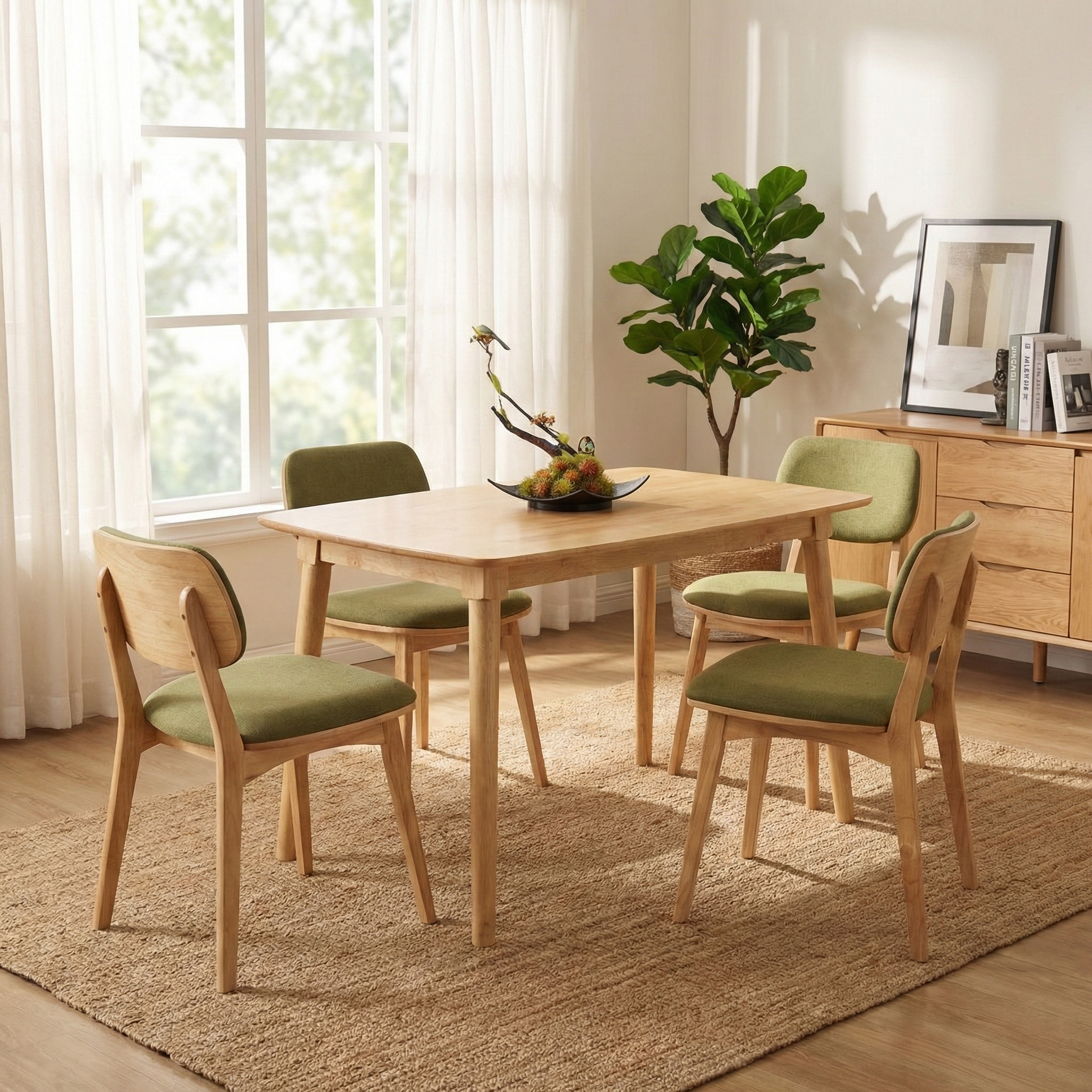 Kikbo Mango Dining Table and 4 Modern Chairs Dining Set – Solid Natural Wood Kitchen & Dining Set with Upholstered Seats, Durable PU Finish, Modern Dining Room Furniture