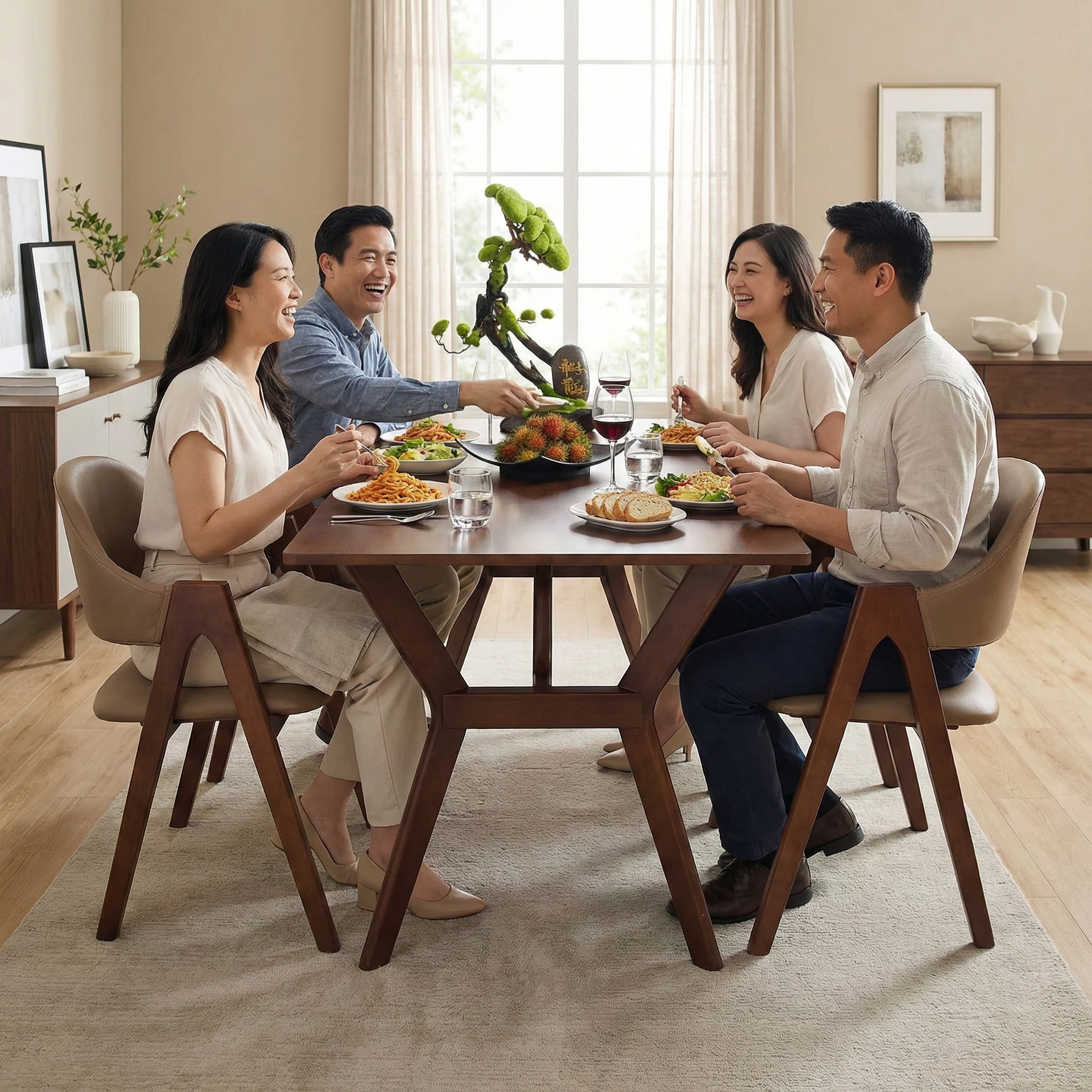 kikbo Butterfly Dining Table and 4 Solid Wood Chairs Dining Set – Natural Wood Dining Set with Simili Leather Upholstery, Modern Kitchen & Dining Room Furniture