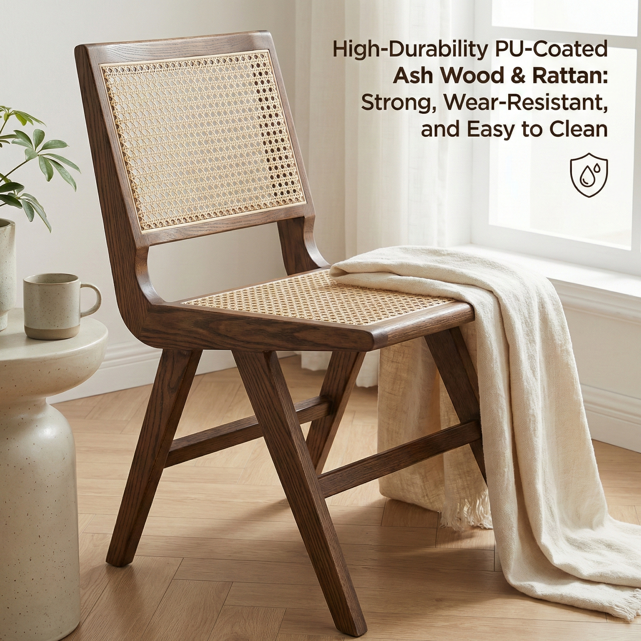 Modern Solid Ash Wood Dining Chair with Synthetic Rattan - Durable & Stylish
