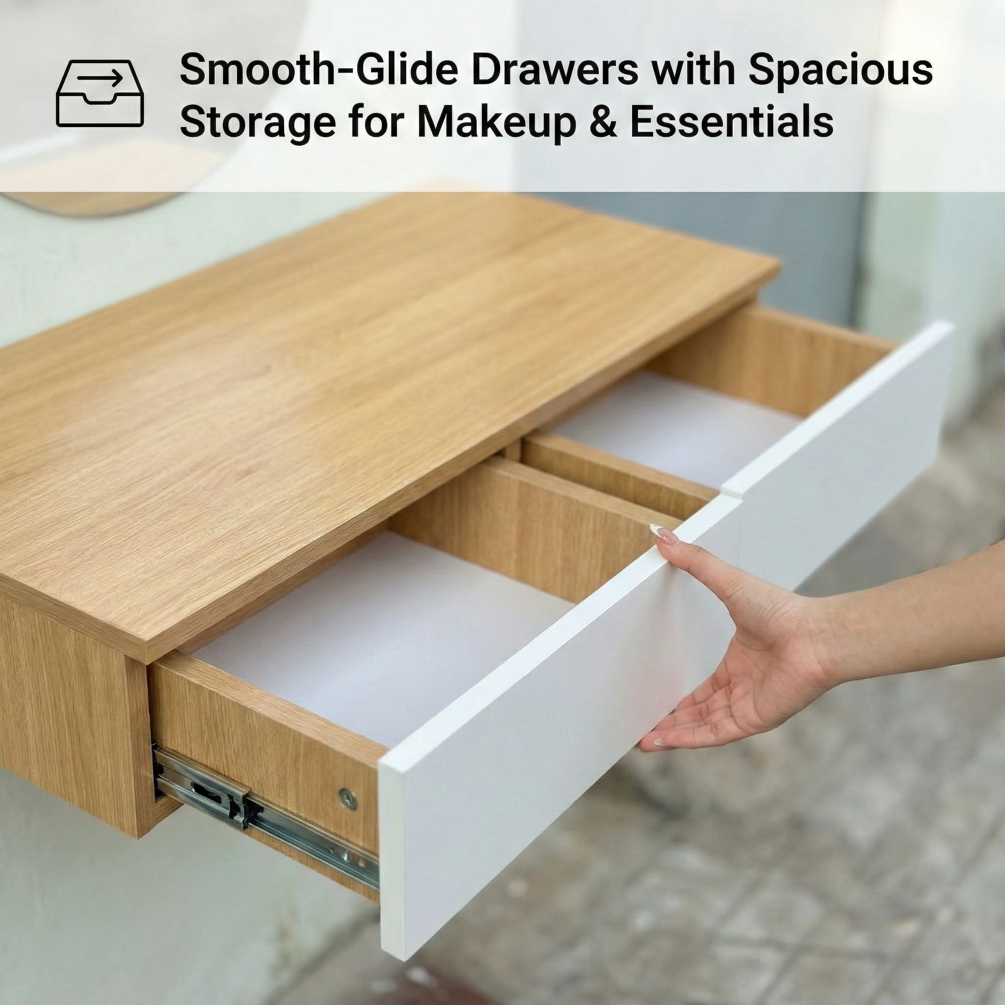 Wall Mounted Floating Vanity Desk with 2 Storage Drawers Modern MDF Makeup Table – 39.4 x 15.7 x 5.9 in (100 x 40 x 15 cm), Space-Saving Dressing Table for Bedroom or Small Spaces
