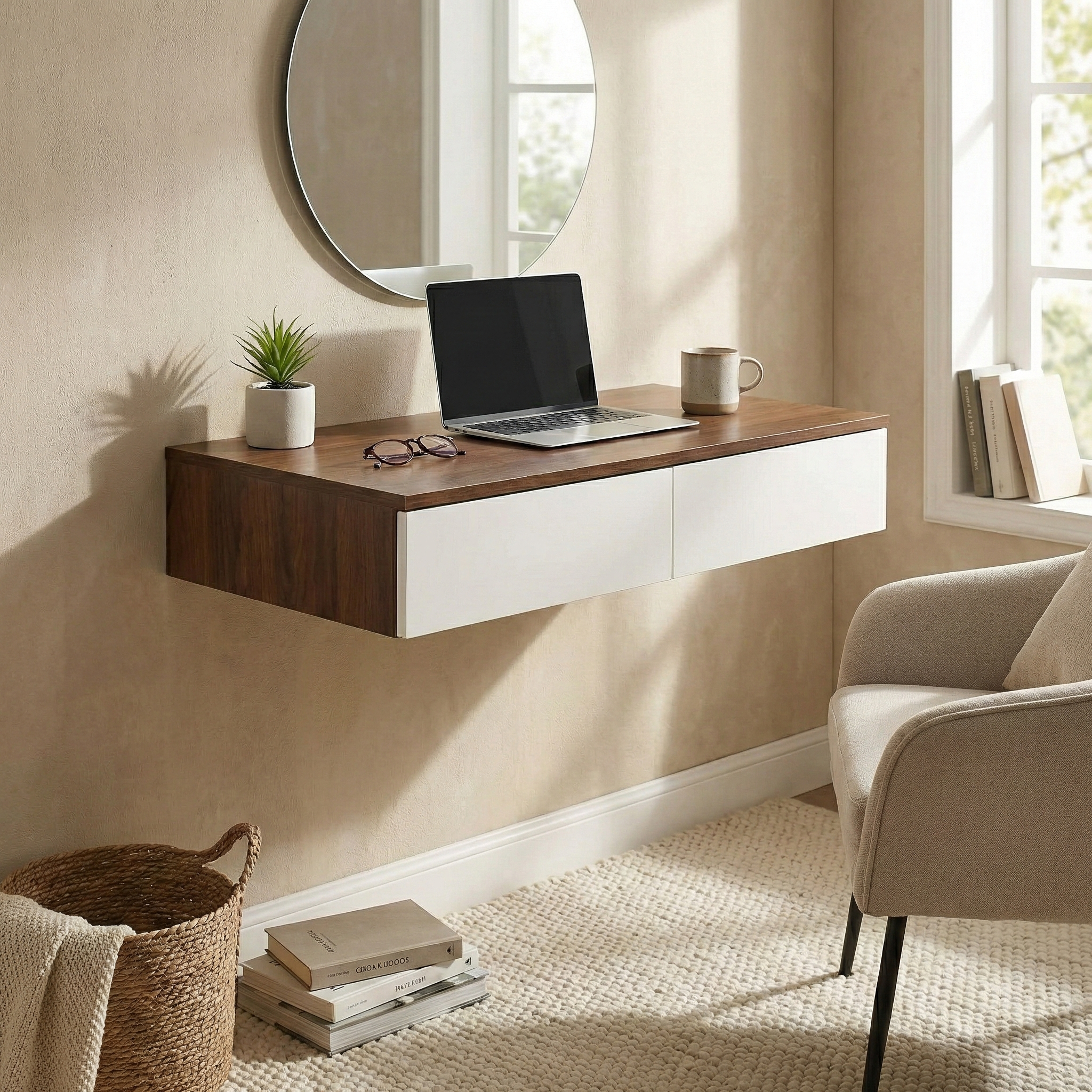 Wall Mounted Floating Vanity Desk with 2 Storage Drawers Modern MDF Makeup Table – 39.4 x 15.7 x 5.9 in (100 x 40 x 15 cm), Space-Saving Dressing Table for Bedroom or Small Spaces