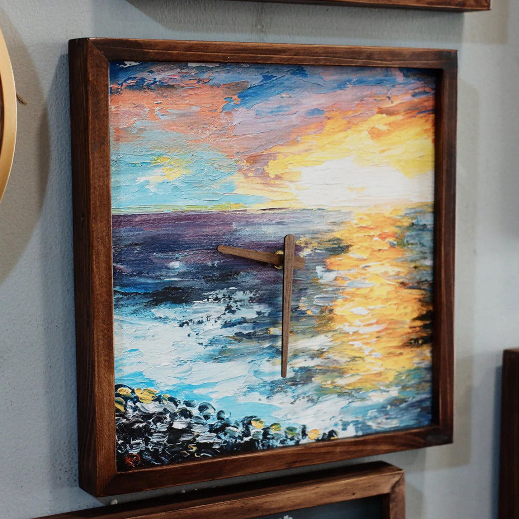 Sunset on Sea Art Print Quartz Wall Clock 13" x 13" - Vintage Style Wood Frame with Cotton Canvas